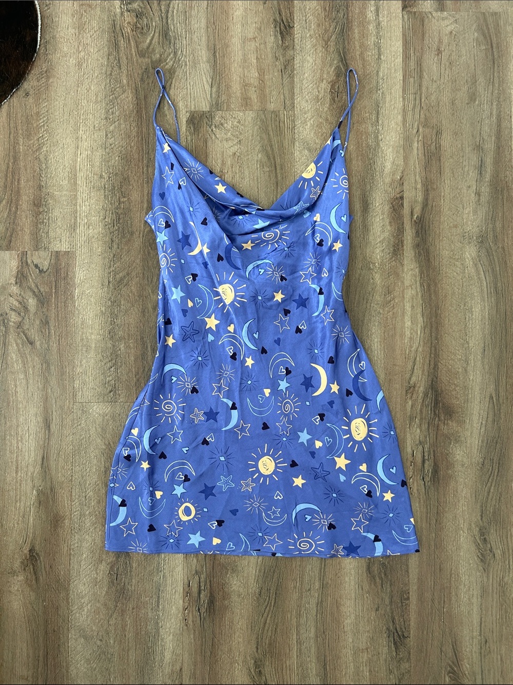 Zara Blue Celestial Print Slip Dress with Cowl Neck